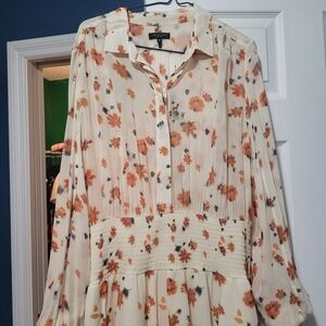 Rag And Bone Cream Floral Long Sleeve Smocked-Waist Dress